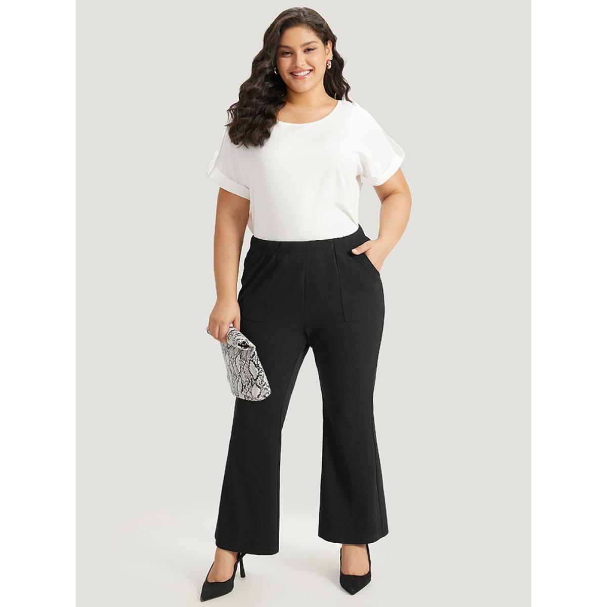 Plus Size Solid Pocket Flare Leg Elastic Waist Pants Women Black At the Office Flare Leg High Rise Work Pants BloomChic 18-20/2X Product Image