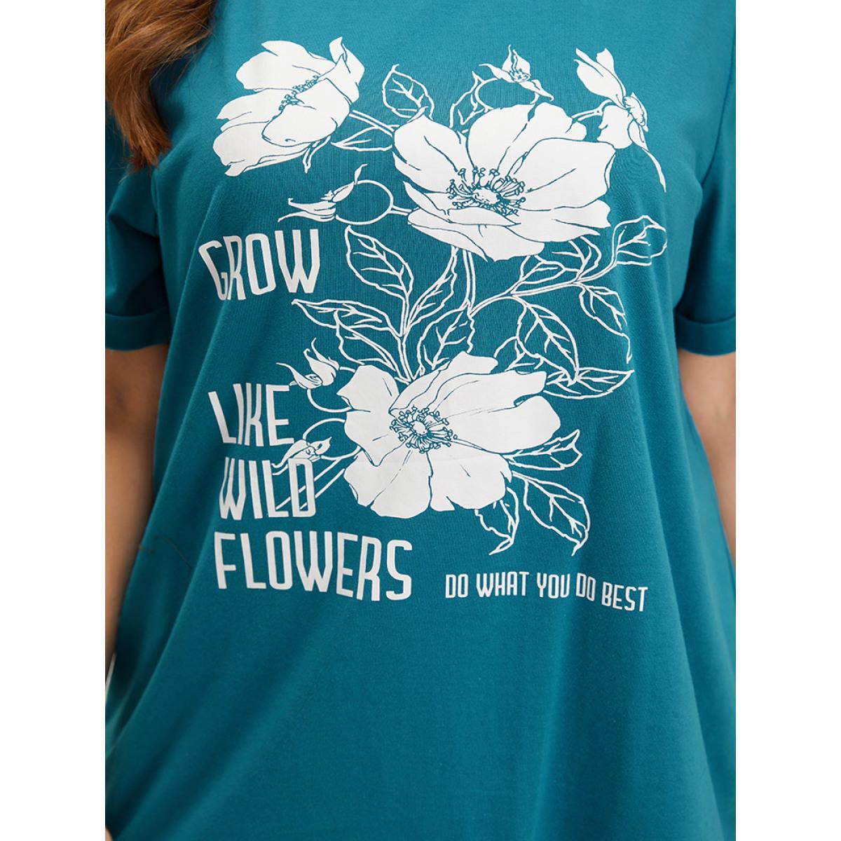Plus Size Floral & Letter Roll Sleeve T-shirt Cerulean Women Casual Printed Natural Flowers Dailywear T-shirts BloomChic 18-20/2X Product Image