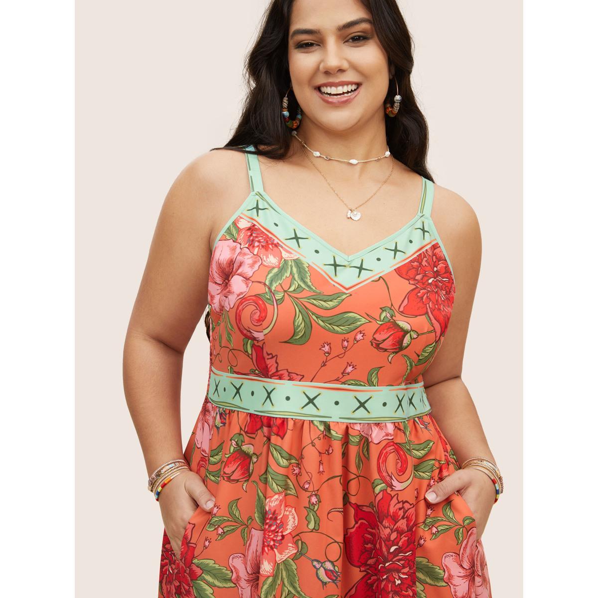 Plus Size Floral Print Elastic Waist Shirred Cami Dress Salmon Women Resort Non V-neck Sleeveless Curvy BloomChic 26/4X Product Image