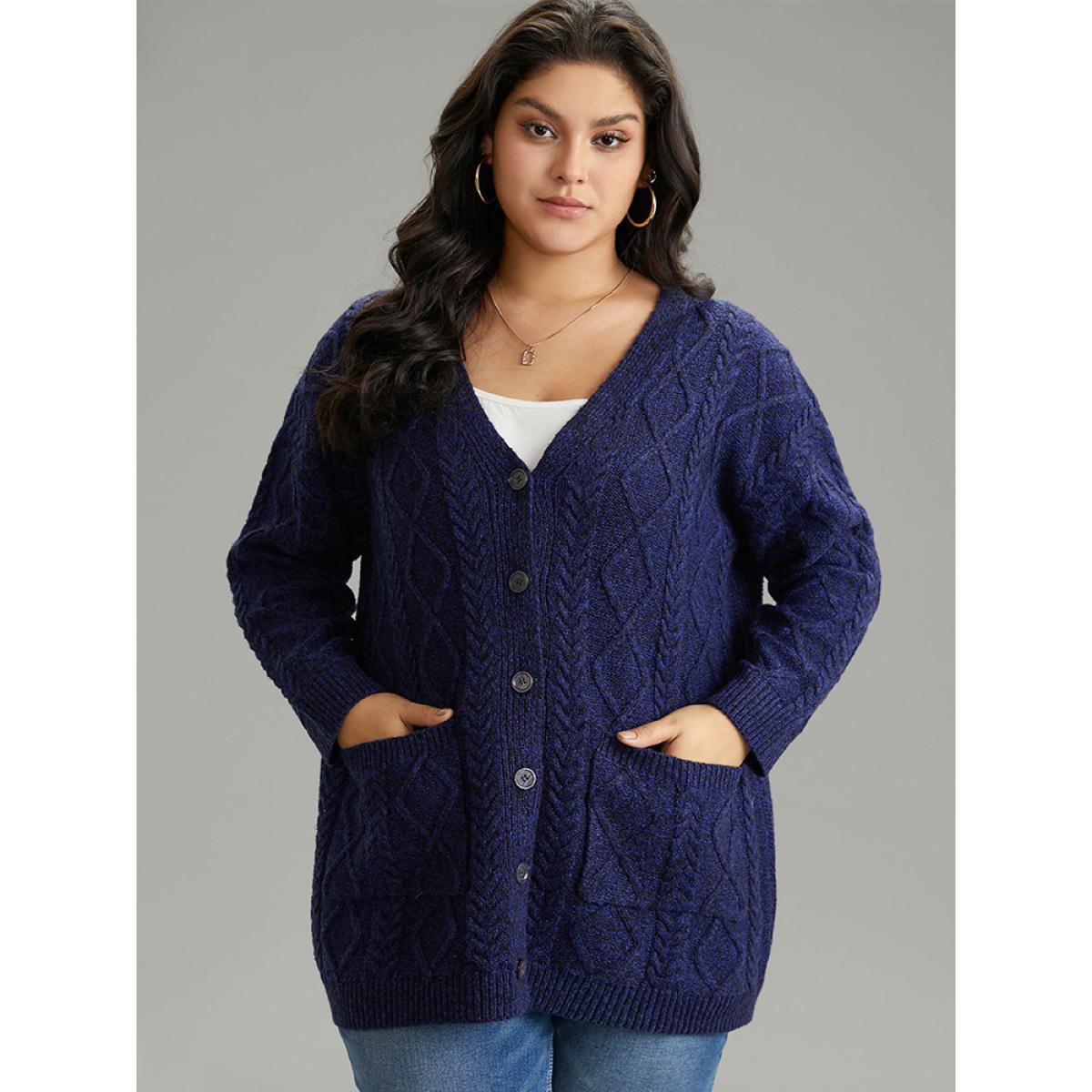 Plus Size Plain Geometric Texture Button Up Cable Knit Cardigan Midnight Women Casual Loose Long Sleeve Dailywear Cardigans BloomChic 30/6X Product Image