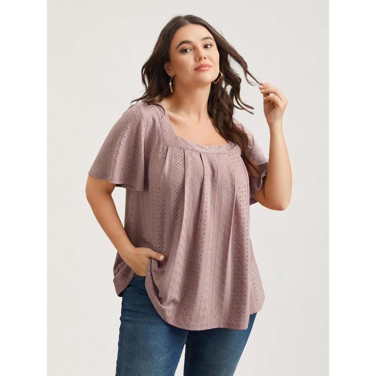 Plus Size Textured Cut-Out Square Neck Shirt DustyPink Women Casual Texture Square Neck Everyday T-shirts BloomChic 28/5X Product Image