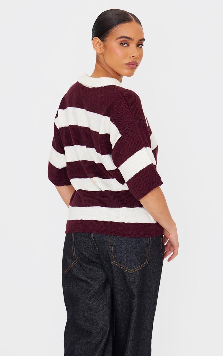 Burgundy Stripe Knit V Neck Oversized Rugby Top Product Image