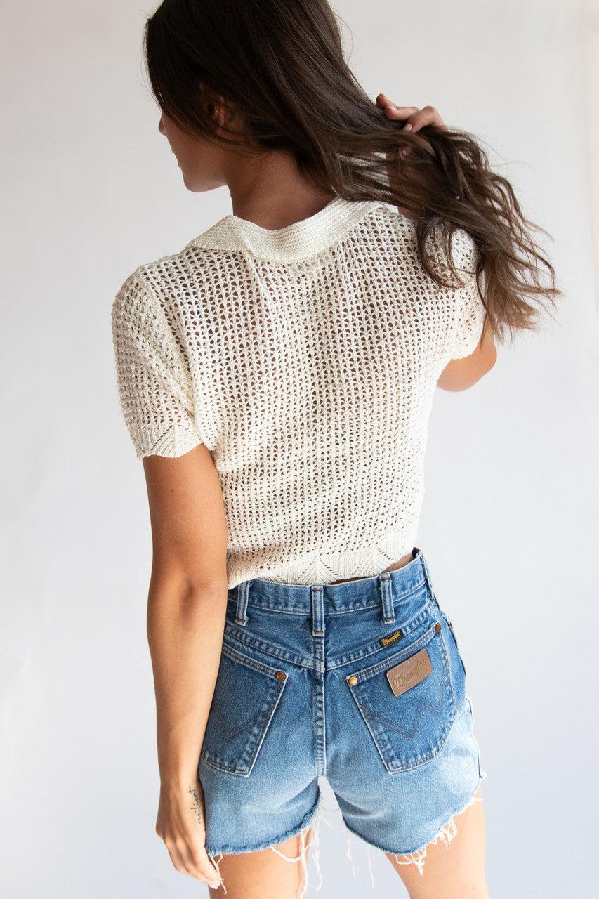 Short Sleeve Collared Crochet Cardigan Product Image