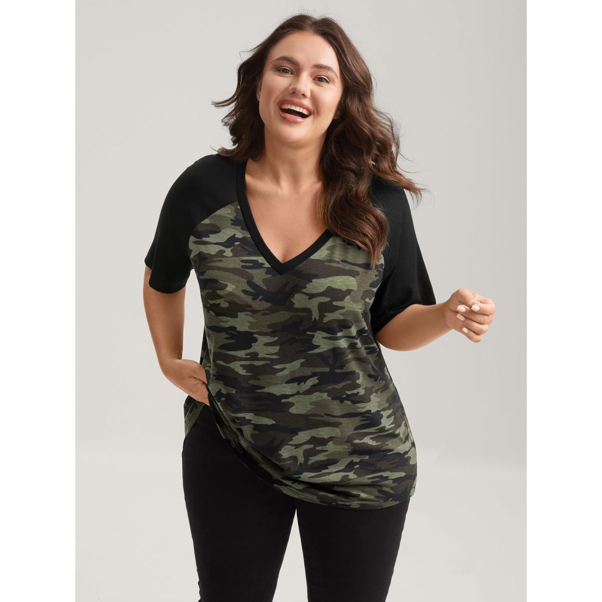 Plus Size Camouflage Print Raglan Sleeve T-Shirt ArmyGreen Women Contrast V-neck Everyday-Casual T-shirts BloomChic 28/5X Product Image