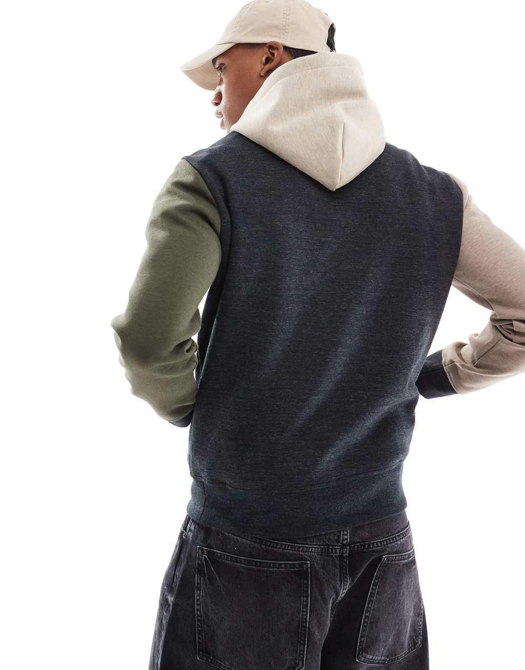 Polo Ralph Lauren central script logo color block double knit hoodie in black heather multi Product Image