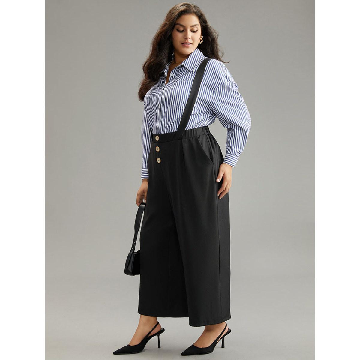 Plus Size Plain Button Detail Pocket Overall Pants Women Black Office Straight Leg High Rise Work Pants BloomChic 26/4X Product Image