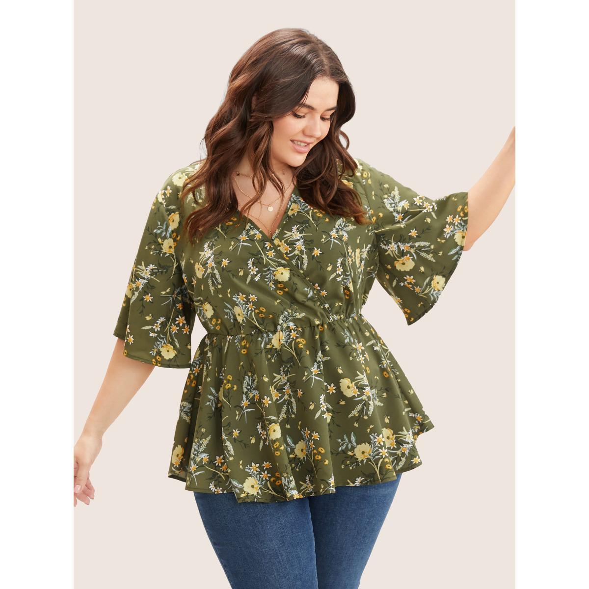 Plus Size Moss Floral Print Ruffles Surplice Neck Blouse Women Elegant Half Sleeve V-neck Everyday Blouses BloomChic 26/4X Product Image