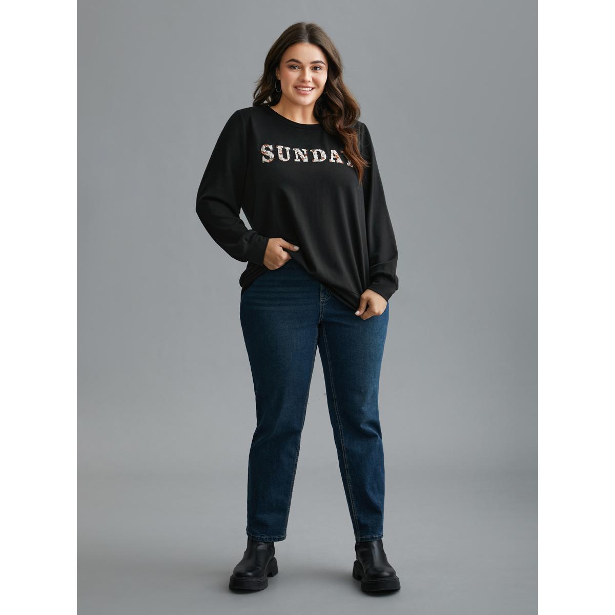 Plus Size Sunday Patchwork Embroidered Sweatshirt Women Black Casual Embroidered Round Neck Everyday Sweatshirts BloomChic 30/6X Product Image