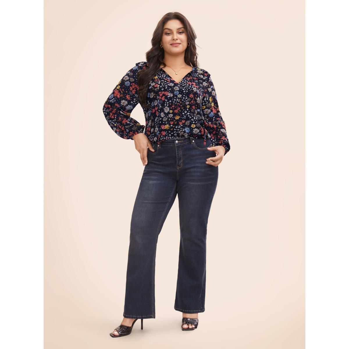 Plus Size Indigo Chiffon Floral Tie Knot Ruffle Trim Blouse Women Elegant Long Sleeve V-neck Everyday Blouses BloomChic 28/5X Product Image