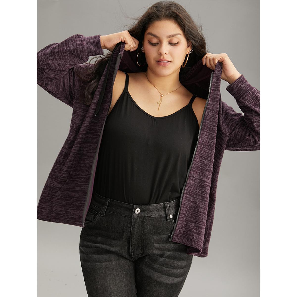 Plus Size Solid Heather Pocket Hooded Zipper Sweatshirt Women Purple Casual Heather Hooded Dailywear Sweatshirts BloomChic 12/L Product Image