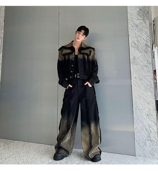 Set: Collar Fringed Washed Denim Button Jacket + Mid Rise Wide Leg Jeans Product Image