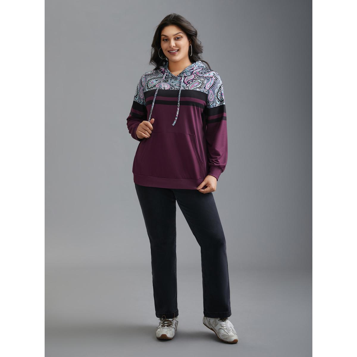 Plus Size Bandana Print Stretchy Contrast Hoodie Women Multicolor Casual Contrast Hooded Everyday Sweatshirts BloomChic 14-16/1X Product Image
