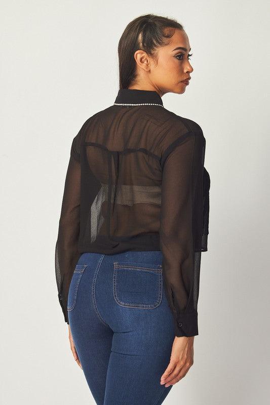 Western Chic Rhinestone Embellished Fringe Front Blouse Product Image