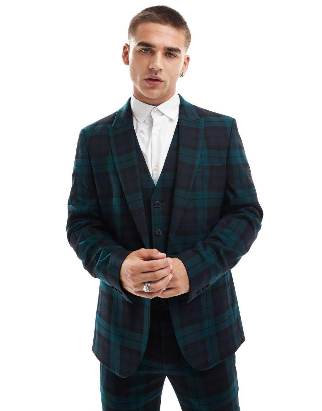ASOS DESIGN skinny suit jacket in dark green tartan Product Image