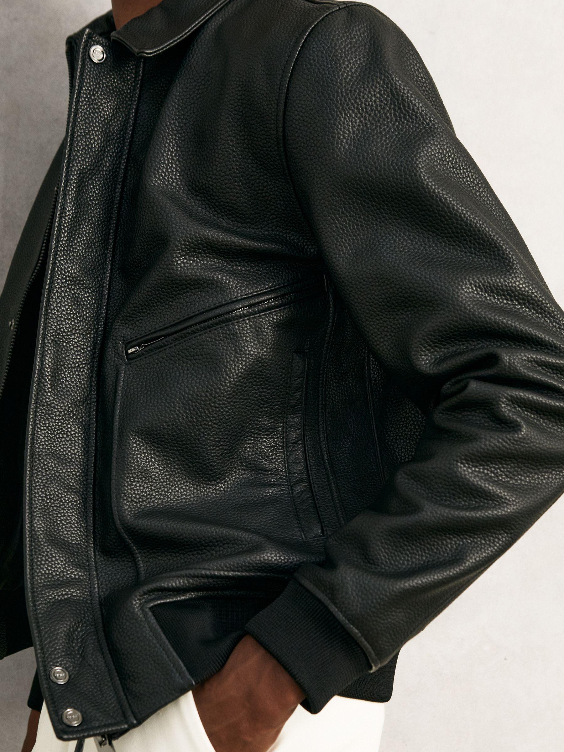 Grained Leather Zip Through Jacket in Black Product Image