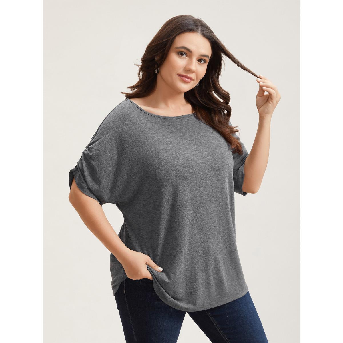 Plus Size Stretchy Solid Color Gathered Sleeve T-Shirt DimGray Women Casual Gathered Round Neck Everyday T-shirts BloomChic 14-16/1X Product Image