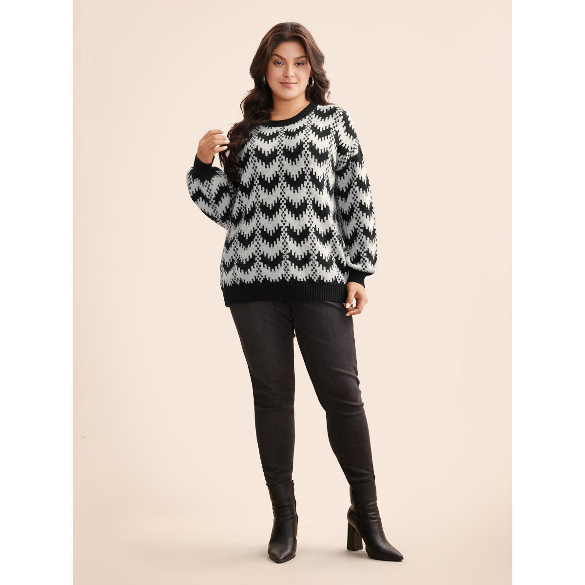 Plus Size Geometric Jacquard Drop Shoulder Sleeve Pullover Black Women Casual Loose Long Sleeve Round Neck Everyday Pullovers BloomChic 14-16/1X Product Image