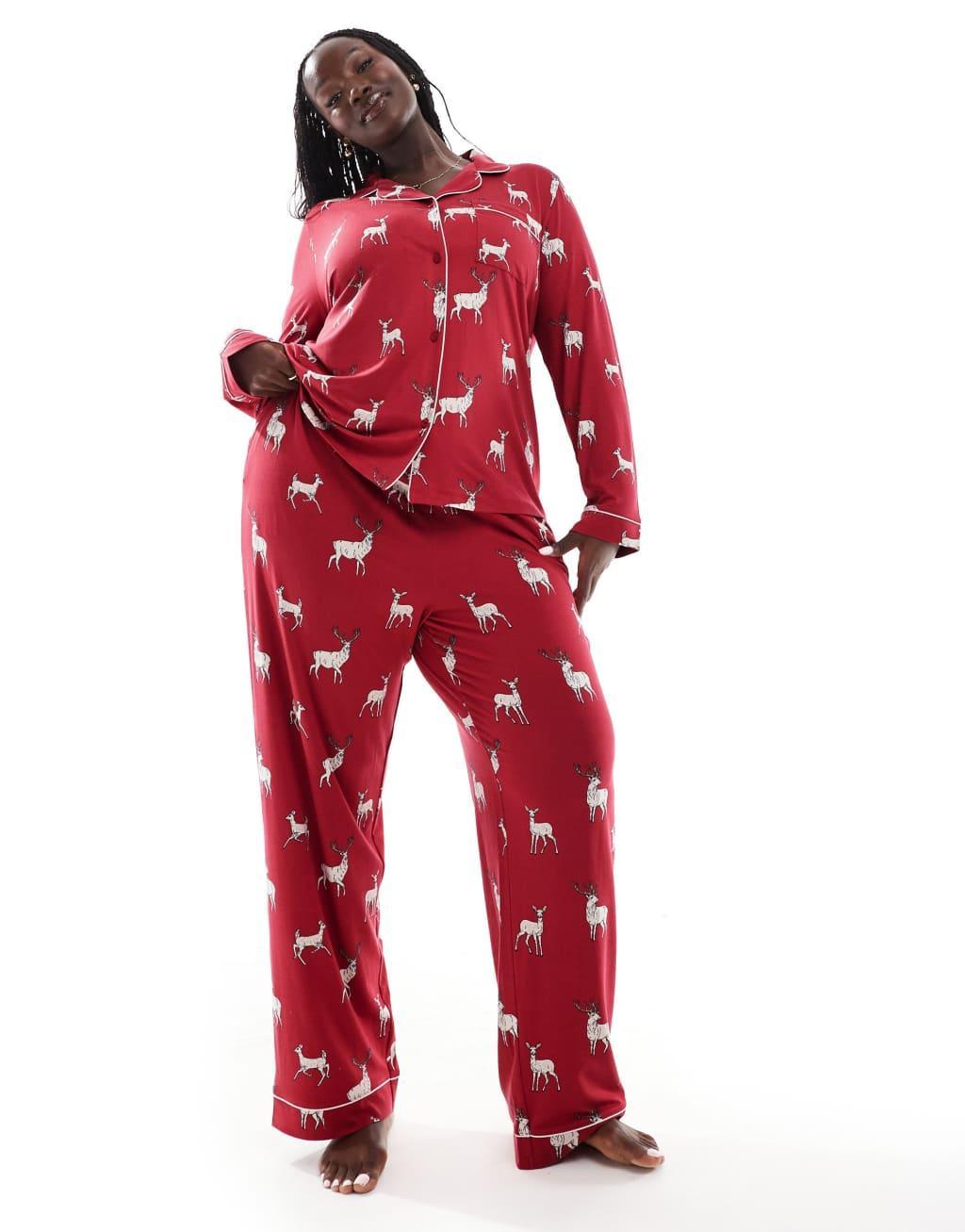 Chelsea Peers Exclusive Curve Christmas His & Hers long sleeve revere top and pants pajama set in reindeer print Product Image