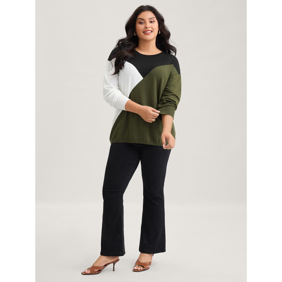 Plus Size Supersoft Essentials Colorblock Contrast Pullover ArmyGreen Women Casual Long Sleeve Round Neck Everyday Pullovers BloomChic 10/M Product Image