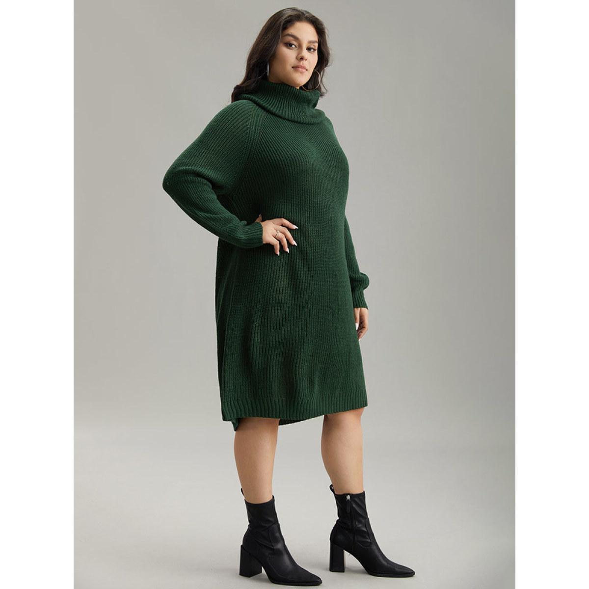 Plus Size Solid Plisse Turtle Neck Knee Sweater Dress DarkGreen Women Casual Loose Long Sleeve Festival-Christmas Sweater Dresses BloomChic 22-24/3X Product Image