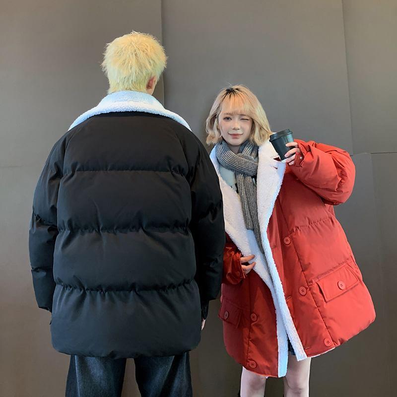 Couple Matching Collared Fleece-Lined Button Puffer Jacket Product Image