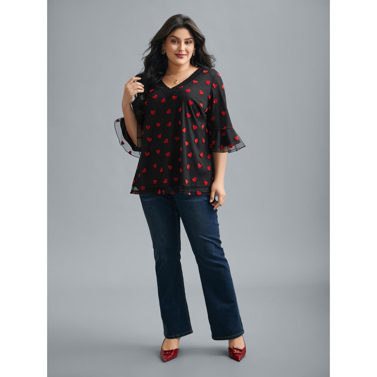 Plus Size Black V-Neck Hearts Mesh Lace Detailing Blouse Women Elegant Elbow-length sleeve V-neck Everyday Blouses BloomChic 10/M Product Image