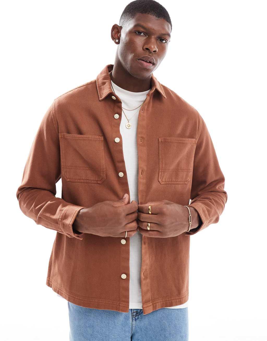 ASOS DESIGN denim shirt with stitching detail in brown wash Product Image