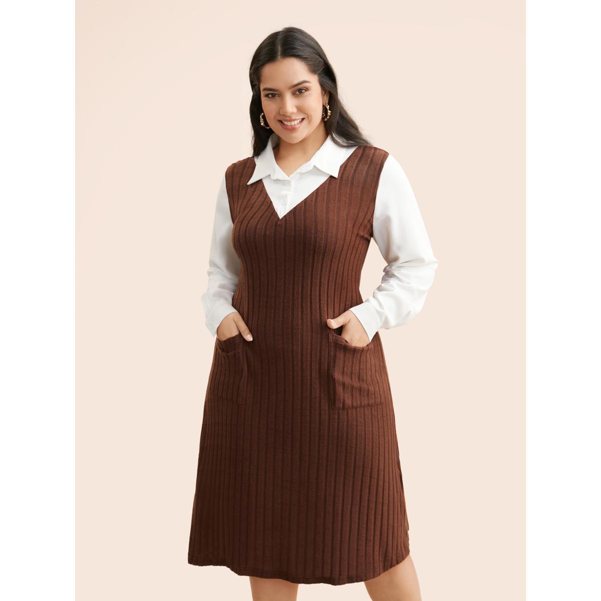Plus Size Shirt Collar Rib Knit Patchwork Dress Browncoffeecolor Women Casual Texture Shirt collar Long Sleeve Curvy BloomChic 26/4X Product Image