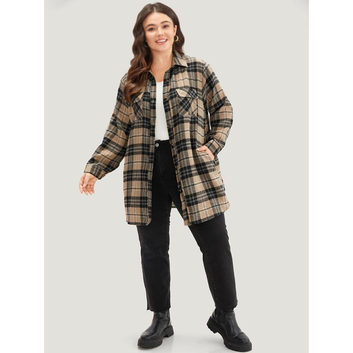 Plus Size Plaid Flap Pocket Curved Hem Coat Women Tan Contrast Pocket Dailywear Jackets BloomChic 22-24/3X Product Image