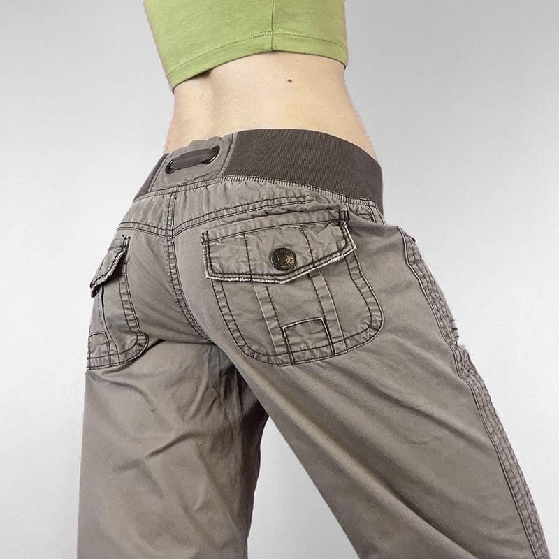 Low Waist Drawstring Plain Straight-Fit Wide Leg Jeans Product Image
