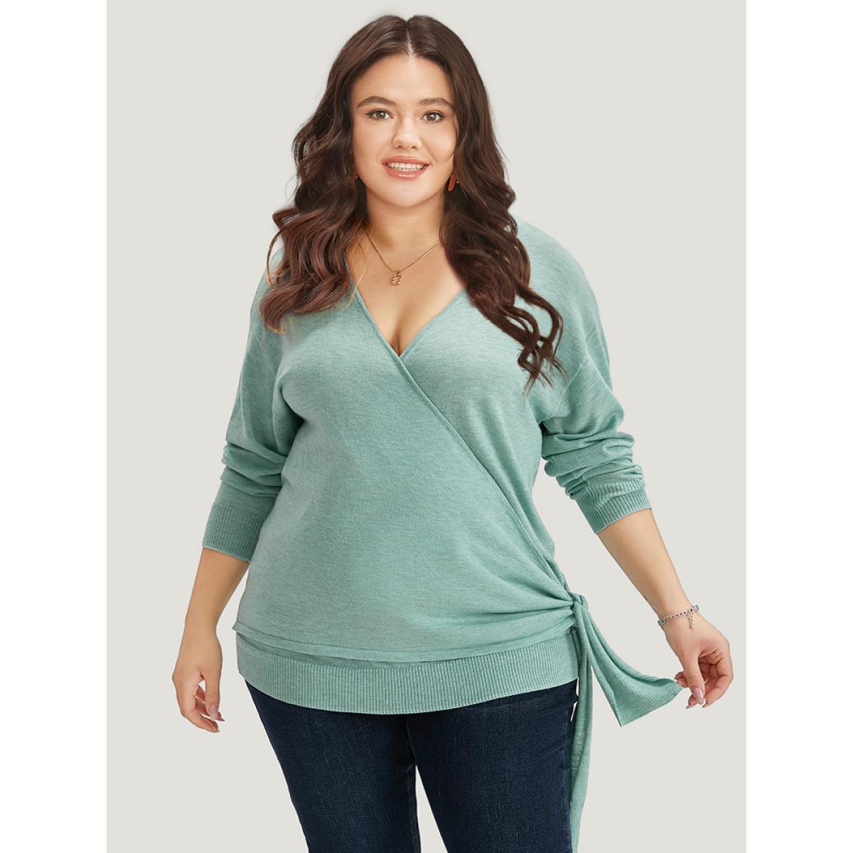 Plus Size Supersoft Essentials Plain Crossover Ties Elastic Cuffs Pullover Mint Women Casual Loose Long Sleeve V-neck Dailywear Pullovers BloomChic 22-24/3X Product Image