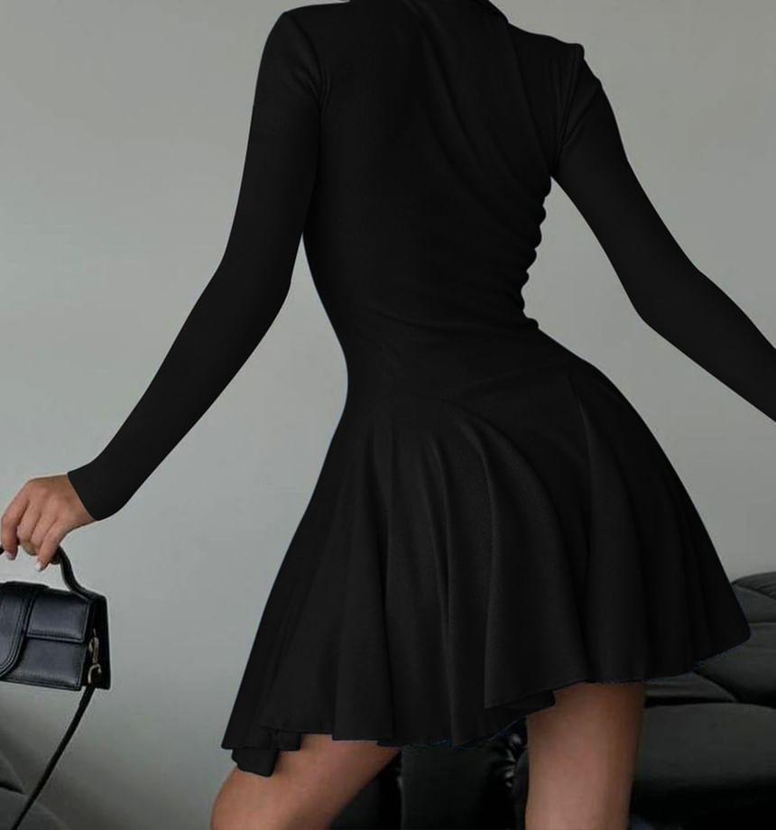 Long-Sleeve Collared Plain Ribbed Mini A-Line Dress Product Image