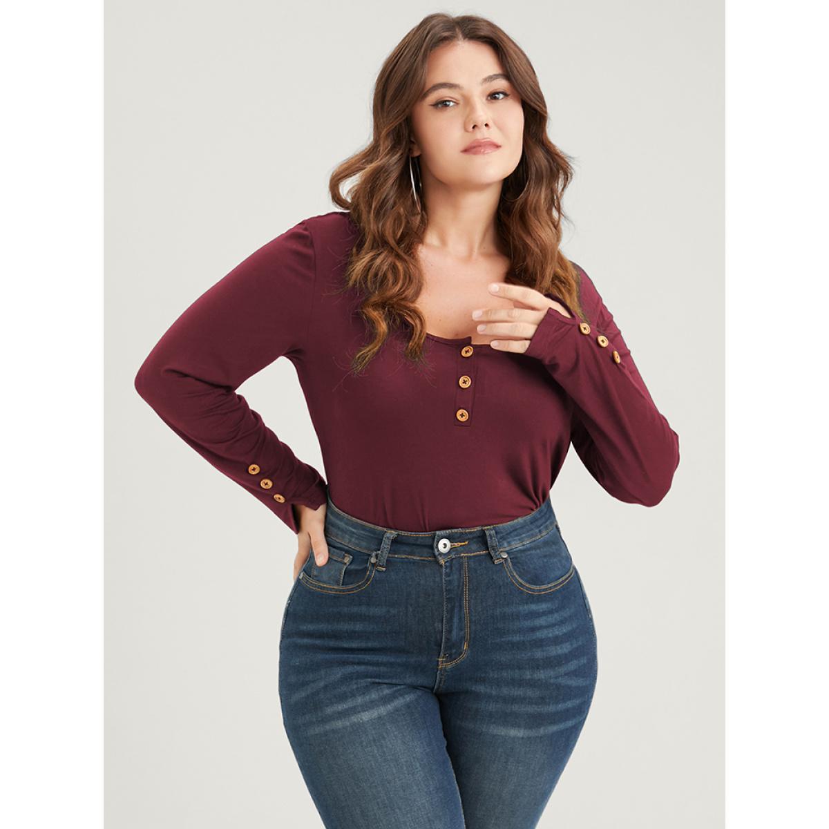 Plus Size Plain Button Front Scoop Neck Modal Long Tee Scarlet Women Elegant Button Plain Scoop Neck Bodycon Dailywear T-shirts BloomChic 28/5X Product Image