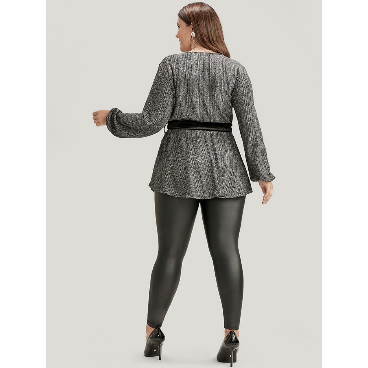 Plus Size Black Solid Wrap Lantern Sleeve Belted Sequin Blouse Women Party Long Sleeve V-neck Going out Blouses BloomChic 14-16/1X Product Image