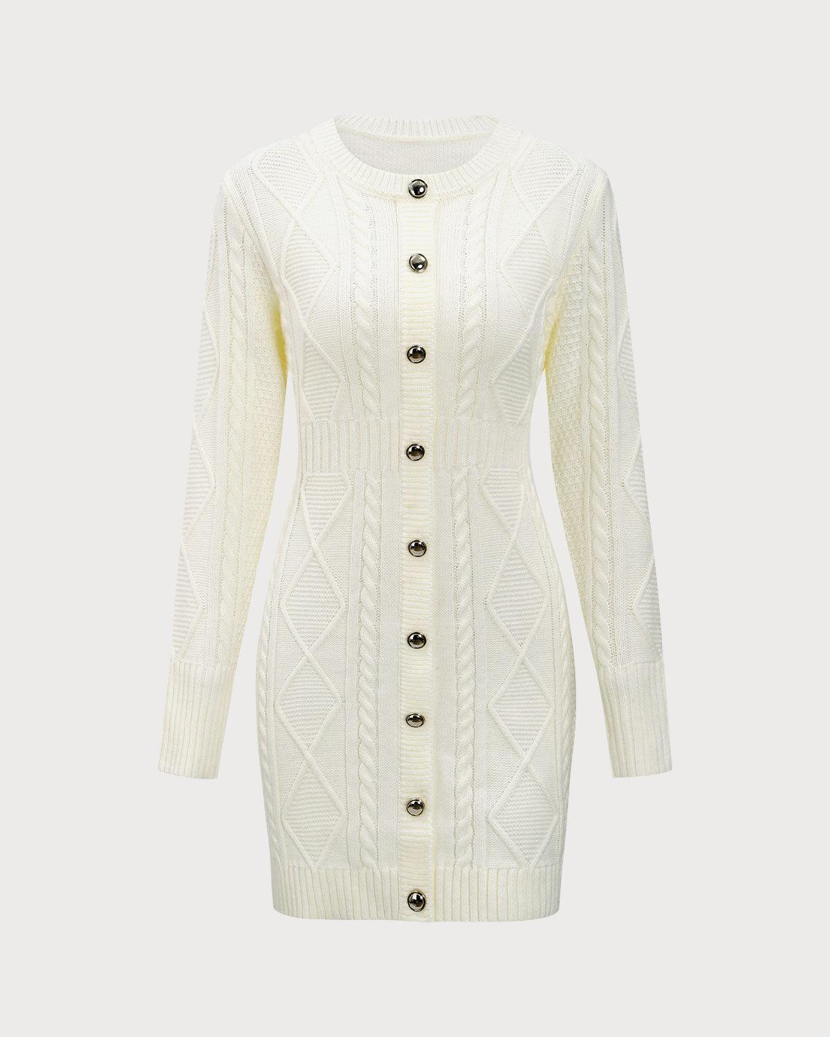 White Round Neck Bodycon Sweater Dress Product Image