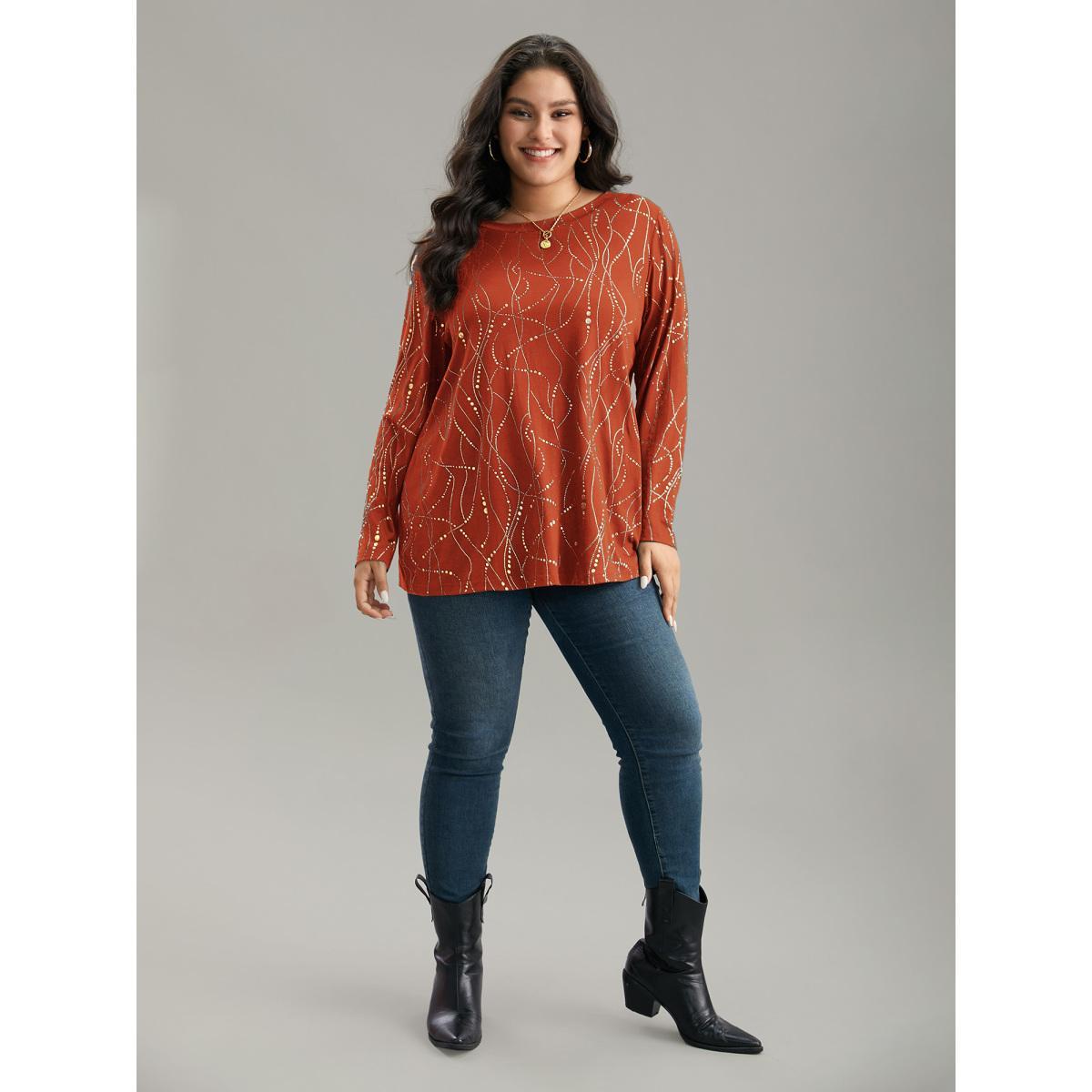 Plus Size Polka Dot Contrast Round Neck T-shirt Brightorange Women Casual Contrast Polka Dot Round Neck Dailywear T-shirts BloomChic 12/L Product Image