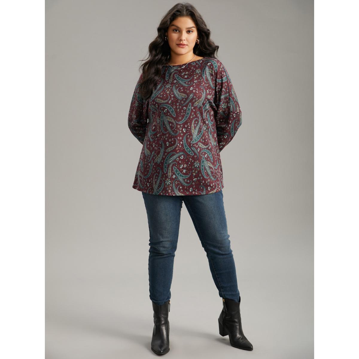 Plus Size Paisley Print Round Neck Slightly Stretchy T-shirt Burgundy Women Elegant Printed Paisley Round Neck Dailywear T-shirts BloomChic 22-24/3X Product Image