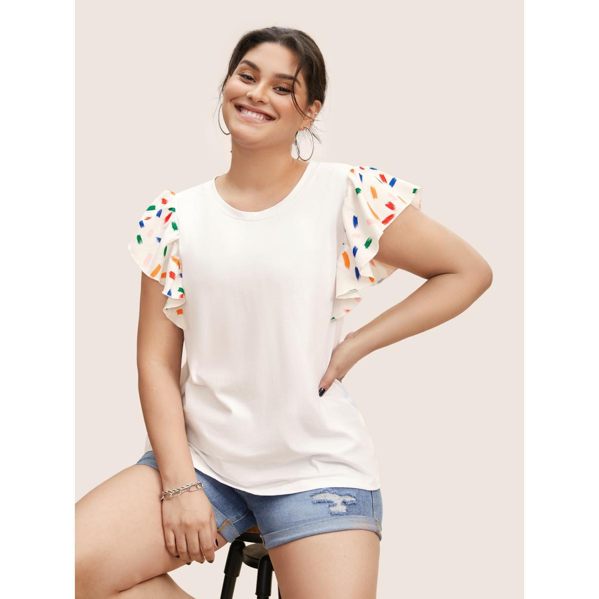 Plus Size Colored Brush Print Ruffle Cap Sleeve T-shirt Originalwhite Women Casual Contrast Round Neck Everyday T-shirts BloomChic 18-20/2X Product Image