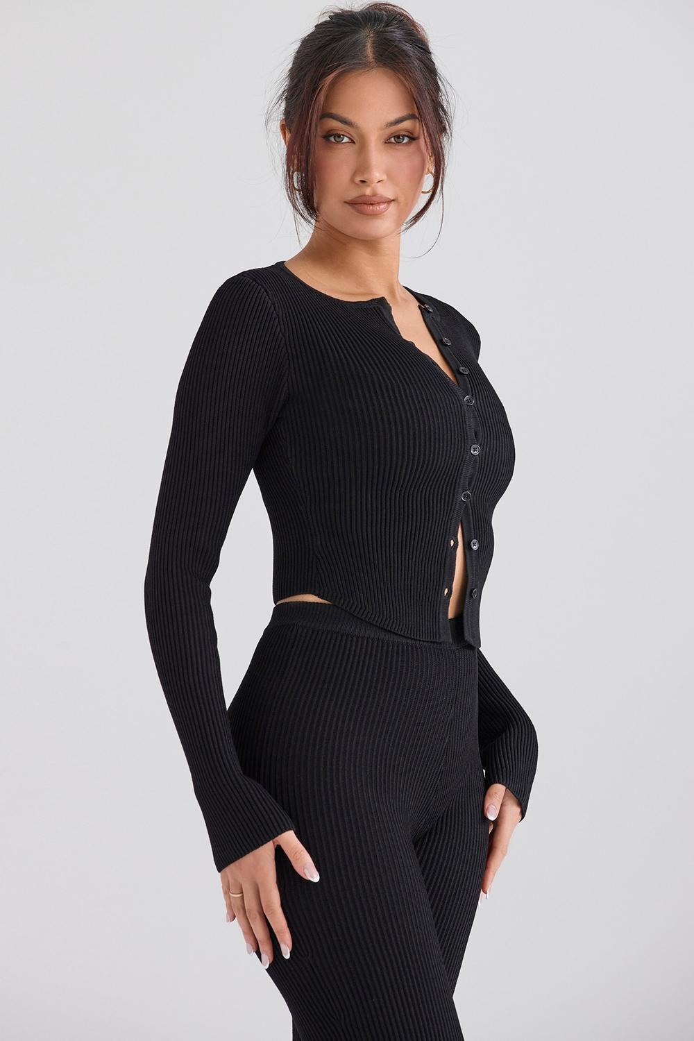 Sylvia Black Ribbed Knit Cardigan Product Image