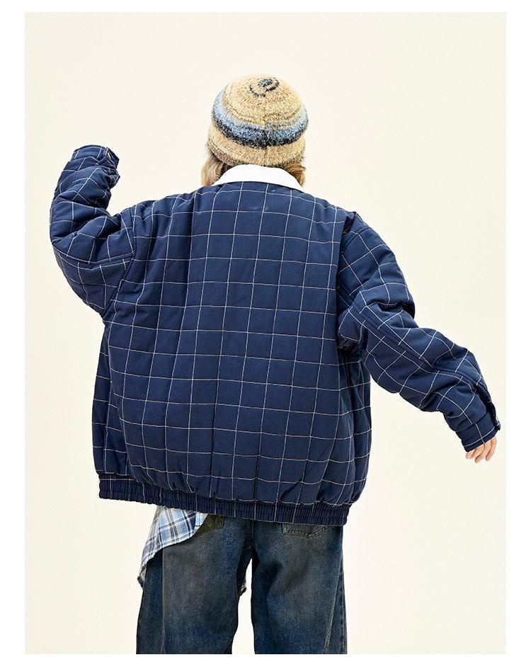 Collared Plaid Zip Up Puffer Bomber Jacket Product Image