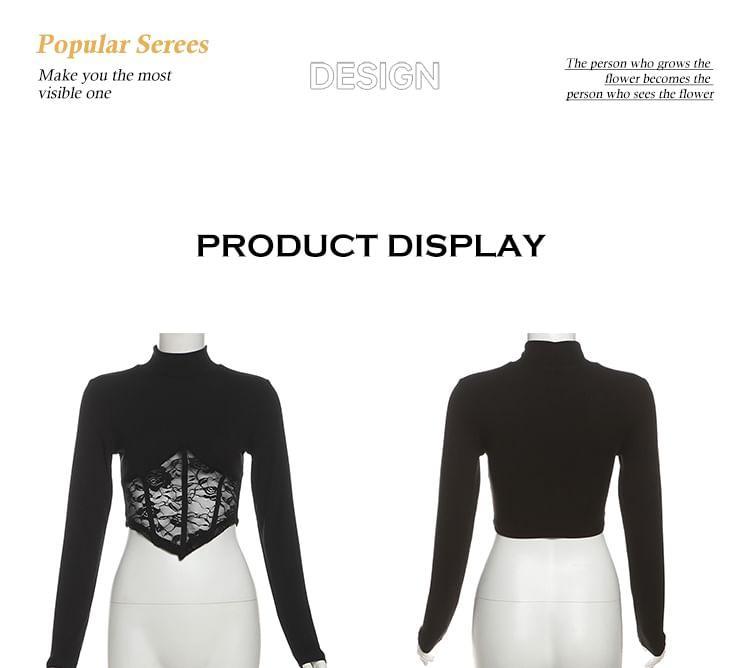 Long-Sleeve Mock Neck Plain Asymmetrical Lace Panel Cropped T-Shirt / Mid Waist Ruched Maxi Fishtail Skirt Product Image