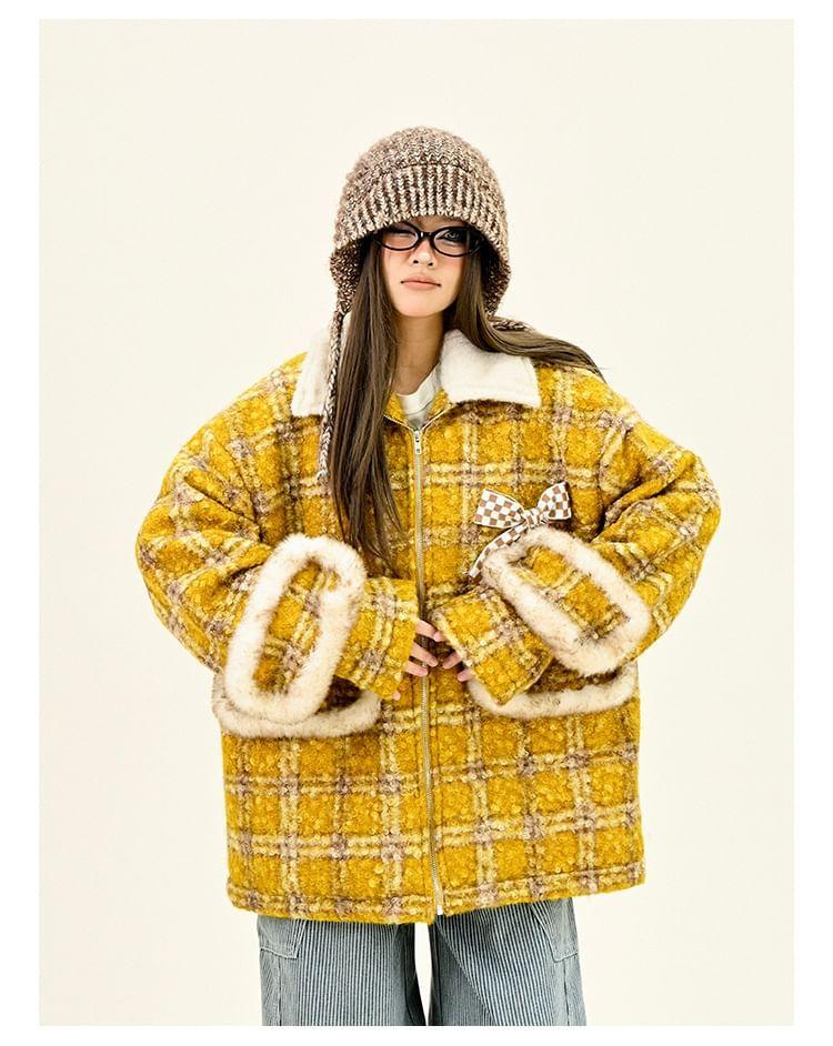 Lapel Collar Plaid Bow Detail Oversized Zip Coat Product Image