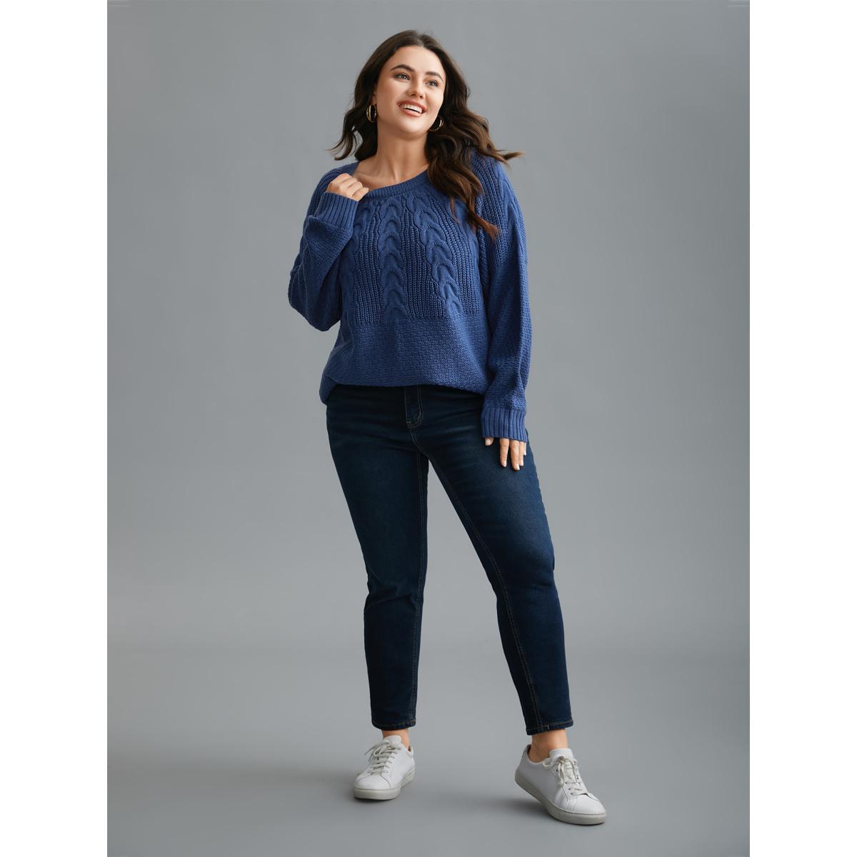 Plus Size Cable Knit Raglan Sleeve Round Neck Pullover Cerulean Women Casual Loose Long Sleeve Round Neck Everyday Pullovers BloomChic 12/L Product Image