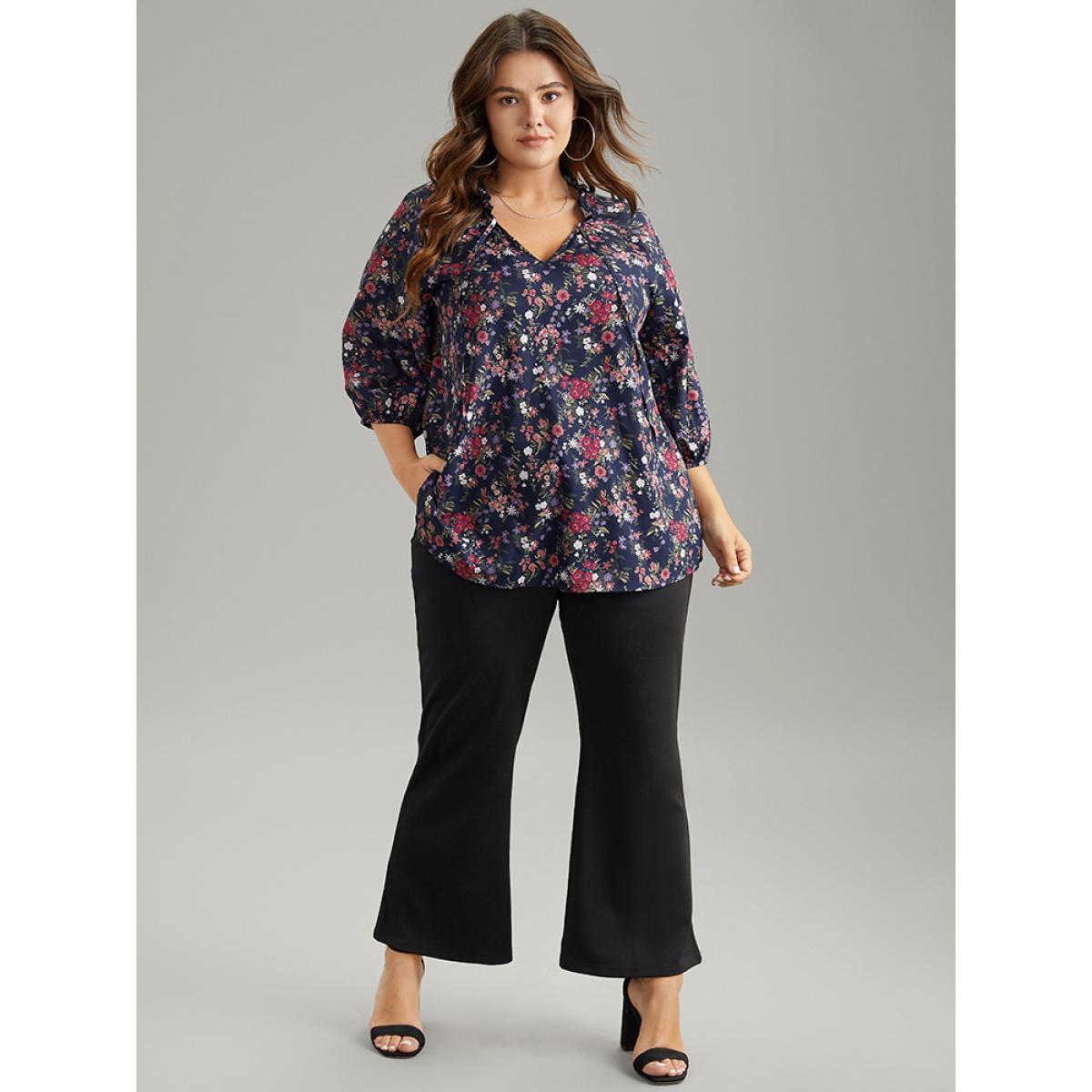 Plus Size Indigo Ditsy Floral Tie Neck Elastic Cuffs Blouse Women Elegant Elbow-length sleeve Tie Neck Dailywear Blouses BloomChic 14-16/1X Product Image