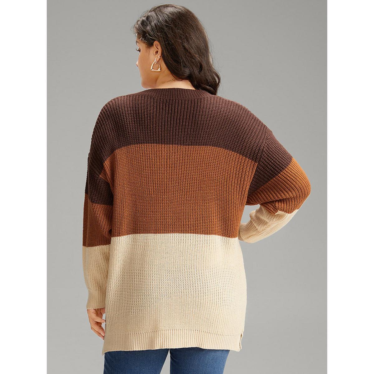 Plus Size Colorblock Patchwork Split Side Drop Shoulder Pullover Multicolor Women Casual Loose Long Sleeve V-neck Dailywear Pullovers BloomChic 18-20/2X Product Image