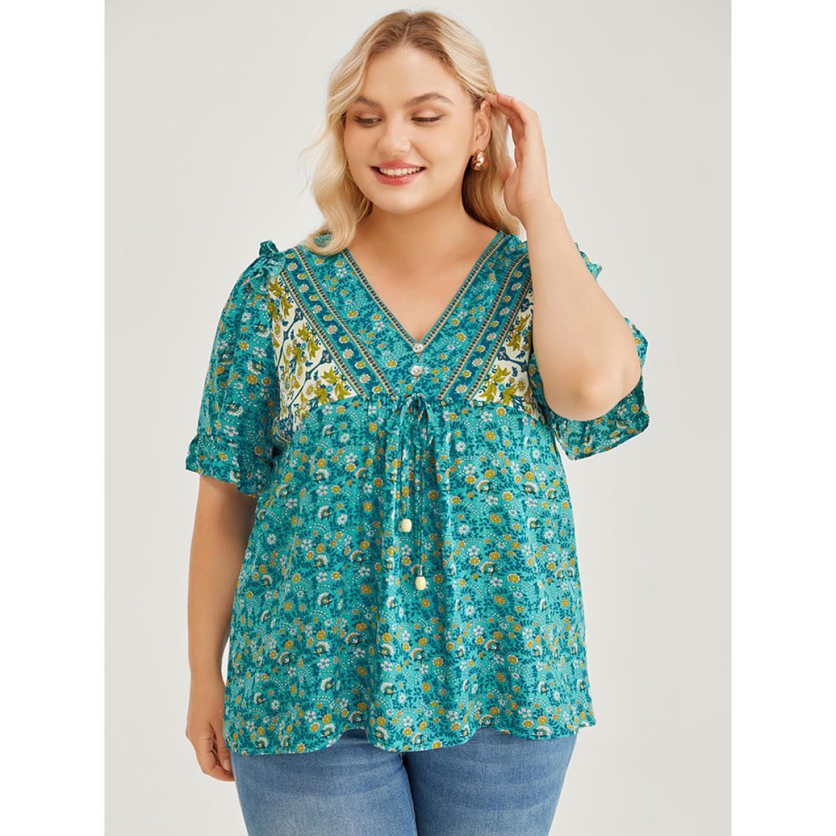 Plus Size Emerald Bandana Ruffle Trim Knot Front Button Detail Blouse Women Elegant Short sleeve V-neck Dailywear Blouses BloomChic 10/M Product Image