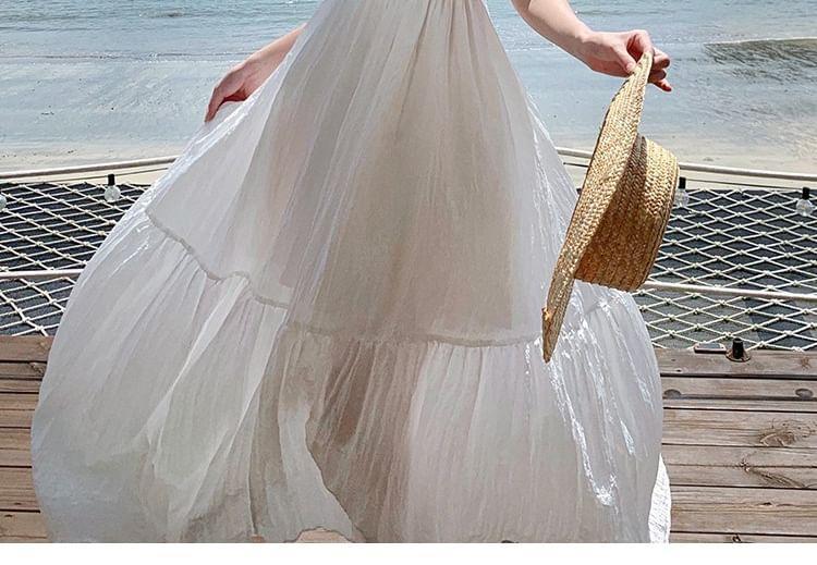 Sleeveless Square Neck Plain Ruffle Panel Maxi A-Line Dress Product Image