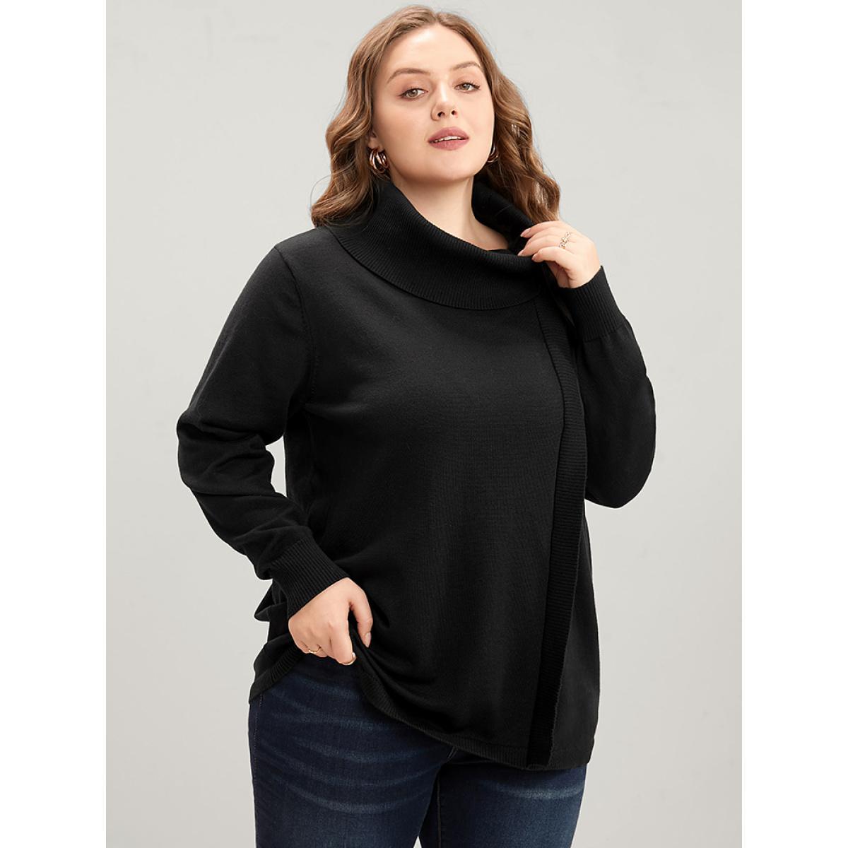 Plus Size Solid Super Soft Knit Tie Funnel Neck Knit Top Black Women Elegant Long Sleeve Turtleneck Dailywear Pullovers BloomChic 26/4X Product Image