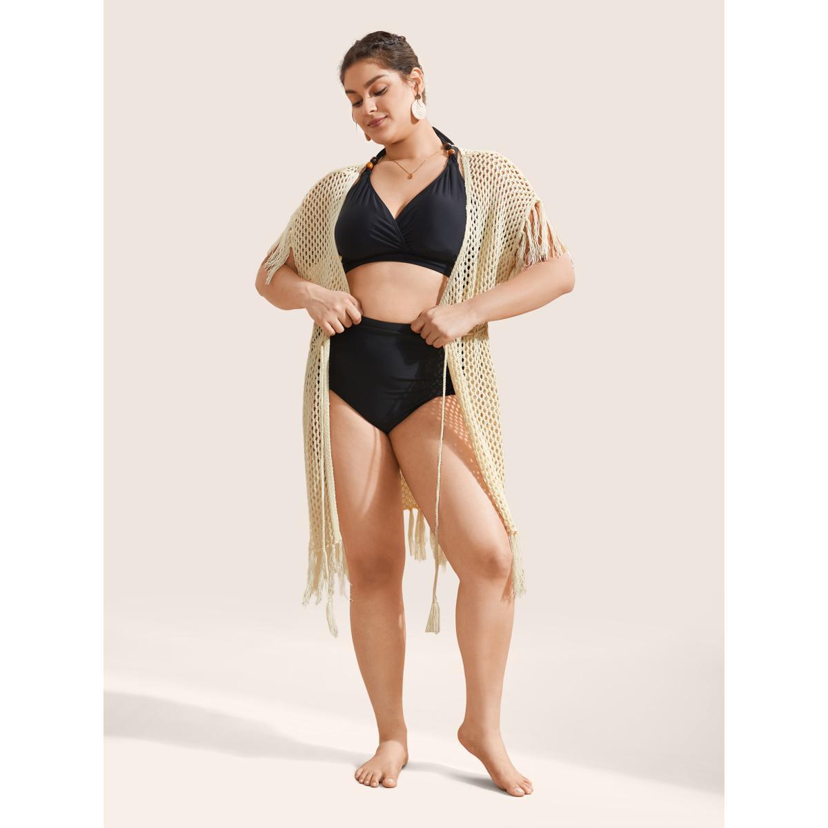 Plus Size Solid Cut Out Drawstring Tassel Trim Swim Cover Up Women's Swimwear Ivory Beach Tassels Curve Swim Cover Ups BloomChic 18-20/2X Product Image
