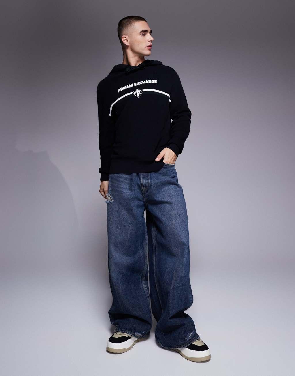 Armani Exchange knit hoodie with chest logo in navy Product Image